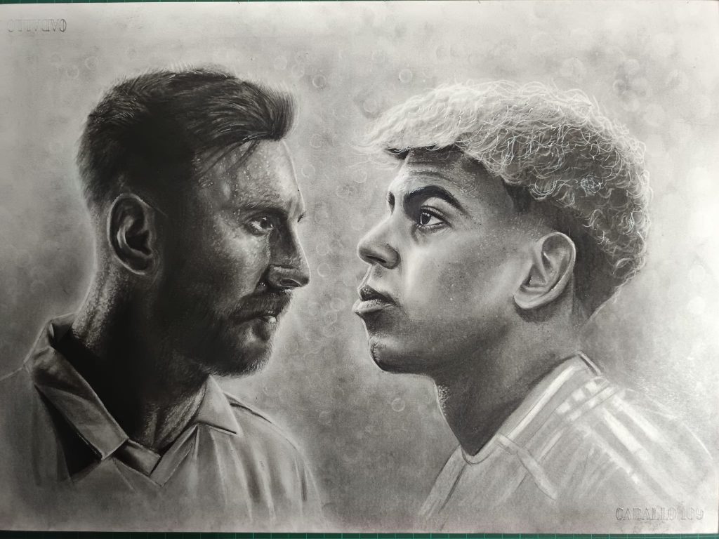 Retrato a lápiz de Messi y Yamal